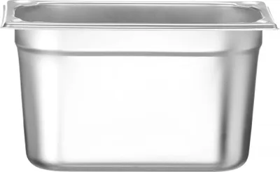 A front view of an empty, stainless steel gastronorm container.