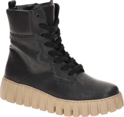 A black lace-up boot with a thick beige sole is shown against a white background.