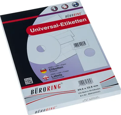 Produktbild von Büroring Etiketten, 64,6 x 33,8 mm, weiß, 2400 Etiketten, lösungsmittelfrei, Inkjet-, Laserdrucker, Kopierer, 100 Blatt