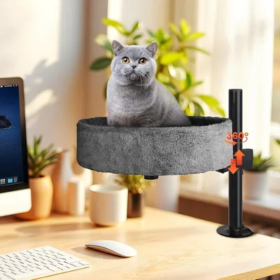 Produktbild von Katzenbett für Schreibtisch - Kein Bohren 360°Drehung Katzenliege, verstellbare Höhe Erhöhtes Katzenhaus über Schreibtisch Hält Kätzchen Katze nah