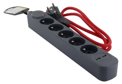 Produktbild von Steckdosenleiste grau und Textilkabel rot mit 2 USB – 1,5 m