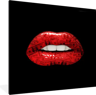 Produktbild von MuchoWow® MuchoWow® Gerahmtes Poster Lippen - Geld - Rot 40x40 cm - Poster mit zchwarzem Bilderrahmen - Mit Rahmen - Wanddekoration Schlafzimmer