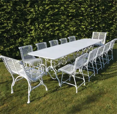 Produktbild von Casa Padrino Jugendstil Schmiedeeisen Garten Möbel Set Weiß 300 x 120 cm - Garten Tisch & 10 Garten Stühle