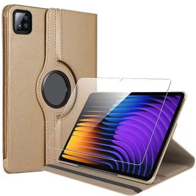 Image de Coque + Verre Trempé pour Xiaomi Pad 7 / 7 Pro, Antichoc Etui Rotatif Multi-Angle CuirPolyuréthaneDoré