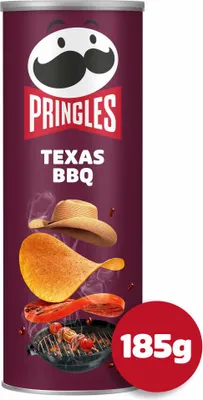 Produktbild von Pringles Texas BBQ, Kartoffelchips, 185 g, Spicy, Tomate, Kartoffelpüreepulver, Sonnenblumenöl, Weizenmehl, Maismehl, Reismehl, Barbecue-Würzmischung..., Dose