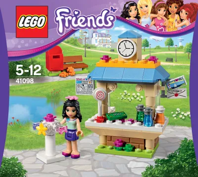 A Lego Friends playset featuring a kiosk in a park setting, with a Lego minifigure.