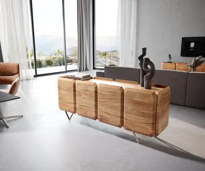 Produktbild von DELIFE Sideboard Kiano 175 cm Akazie Natur 4 Türen V-Fuß Edelstahl Raumteiler