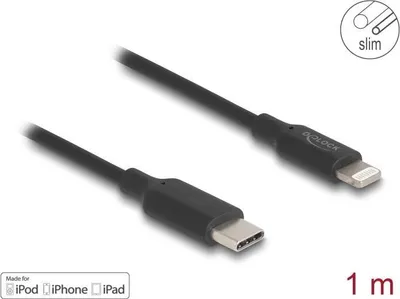 Produktbild von Delock Slim Daten- und Ladekabel USB Type-C zu Lightning für iPhone, iPad, iPod schwarz 1 m MFi