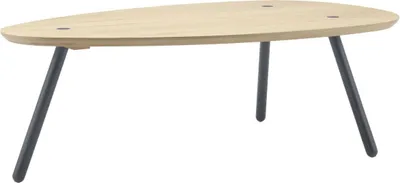 A coffee table with a light wood top and dark gray legs, shown against a white background.