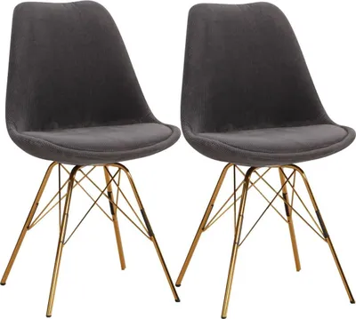 Produktbild von Esszimmerstuhl 2er Set Cara-Stoff Anthrazit Küchenstuhl mit goldenen Beinen, Cord-Schalenstuhl Skandinavisches Design, Polsterstuhl mit Stoffbezug, Stuhl Gepolstert