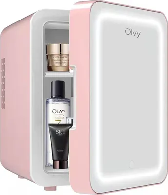 Produktbild von Olvy Kosmetik Kühlschrank 4 Liter, Tragbarer Mini Kühlschrank mit LED Spiegel, Klein Skincare Fridge, Kühl und Heiß für Zimmer, Rosa