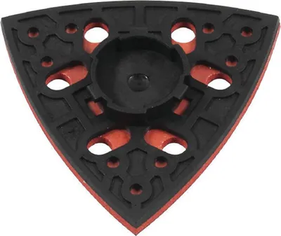 A triangular sanding pad with a black plastic base and red abrasive material.