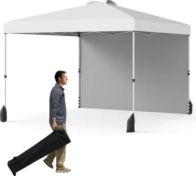 Produktbild von GOPLUS Pavillon 3 x 3 m, Gartenpavillon mit Seitenwand & 4 Sandsäcke, UV Schutz 50+, Pop up Faltpavillon mit Rolltasche, 8 Heringen, Weiß