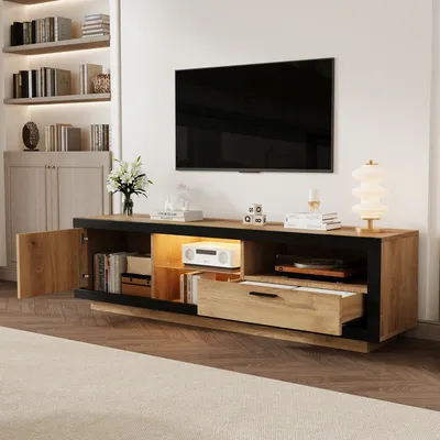 Produktbild von MODFU TV Schrank Holz,160×50×40 cm,Lowboard mit LED und Glasböden,TV-Regal für 70/65/55 Zoll,Schwarz+Eiche