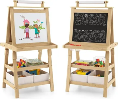 Image de Chevalet pour enfants 3 en 1, tableau blanc, tableau noir et papier à dessin double face, naturel