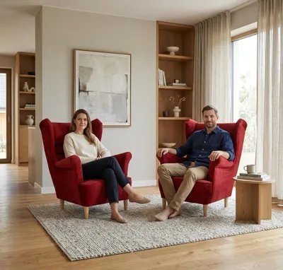 Produktbild von 2er-Set Ohrensessel ZOJA Royal – Ergonomische Form, Velours in Rot, Family Meble, KI-generiertes Bild