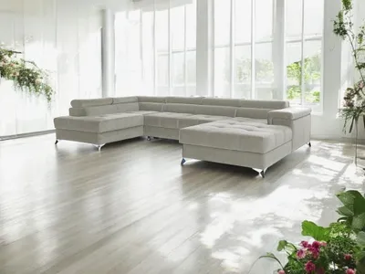 Zdjęcie produktu dla Narożnik z funkcją spania RADUS U-shape, sofa z funkcją spania narożnik, sofa rozkładana do salonu, sofa z funkcją spania jasnoszara