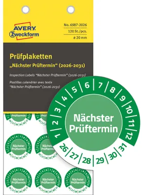 Produktbild von Avery Zweckform Prüfplaketten, Ø 30 mm, 10 Bogen / 80 Prüfplaketten, grün