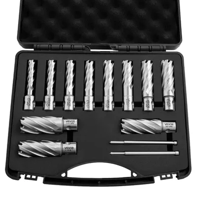 Produktbild von VEVOR HSS-Kernbohrer Weldon-Schaft 13-tlg. Magnetbohrer 11,11–26,98 mm Schnittdurchmesser, 11 Bohrer mit 2 Zentrierstiften, 50,8 mm Schnitttiefe, Kunststoffkoffer, für Magnetbohrmaschinen, Stahl