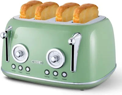 Immagine prodotto di Tostapane a 4 fette - Slot lungo - Ideale per la preparazione della colazione - Design retrò - 6 livelli di doratura - Verde