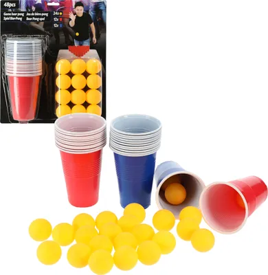 Produktbild von Trinkspiel Bier Pong 48 teilig Becher + 24 Bälle je 12x blau 12x rot Partyspiel Beerpong