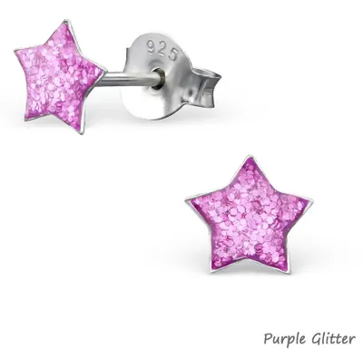 Produktbild von Stern Ohrringe: Kinder Glitzer Sternchen Ohrstecker Silber 925 Purple Glitter
