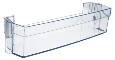 A clear plastic shelf for a refrigerator door, viewed from a slight diagonal angle.