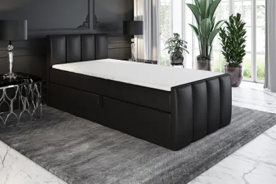 Produktbild von Boxspringbett, Jugendbett FUNI 90x200 (Rechts) mit Bettkästen, Bonell-Matratze und Topper. Farbe: Schwarz
