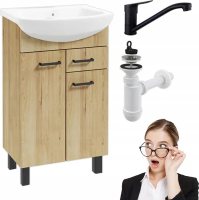 Image de Stamar | Armoire de salle de bains avec lavabo - 50 cm hêtre - avec tiroir - noir robinetterie rotative siphon