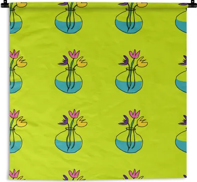 Produktbild von MuchoWow® Wandteppich Wandbehang Blumen - Vasen - Muster 60x60 cm Tapisserie Dekoration Wandtuch - Dekorationen - Wand Decke
