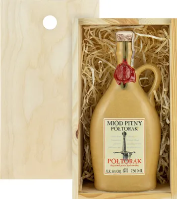 Produktbild von Met Pó³torak-Einhalber (Keramik) Geschenkset in einer leichten Holzbox | 750ml | 16% Alkohol Metwein | Polnische Produktion