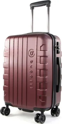 A burgundy suitcase with a retractable handle and wheels, shown against a white background.
