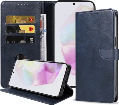 Produktbild von Passend für Samsung Galaxy A35 Handytasche Kunstleder mit magnetischer Lippe und Kartenhalter Buchhülle mit Klappe - Blau - Smartphonics