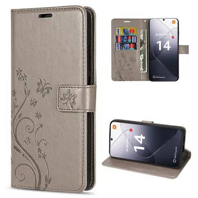 Produktbild von Hülle Xiaomi 14 Handy Tasche Handyhülle Wallet Case Flip Cover Blumen Klapphülle Grau