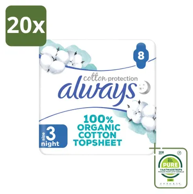Imagen del producto de 20 toallas sanitarias nocturnas Always Baumwolle Protection con alas, 100% algodón orgánico, paquete grande, 20 unidades