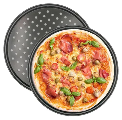 Produktbild von Intirilife 2x Pizzablech rund Kohlenstoffstahl in Schwarz - 32 x 1.5 cm - Rundes Backblech für Pizza Flammkuchen, Knusperblech gelocht antihaft