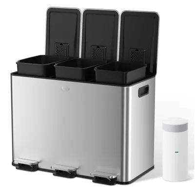 Produktbild von 3-Fach Abfalleimer mit Pedalen aus Edelstahl mit, 3x15L