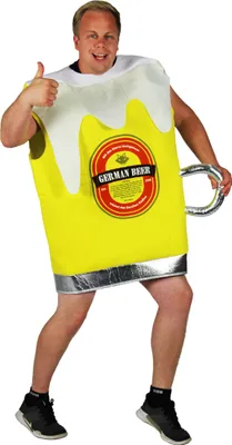 A man wearing a beer mug costume.