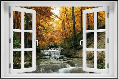 Produktbild von Wallario Wandbild mit Fenster-Illusion: Kleiner Bach über Steine im Herbstwald, Größe: 61 x 91,5 cm, Poster mit schwarzem Aluminiumrahmen
