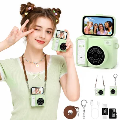 Produktbild von Mini Kamera Schlüsselanhänger, kleine Retro Digitalkamera mit Klappdisplay, HD Video, Fotofilter und Speicherkarte, tragbare Kamera als Geschenk