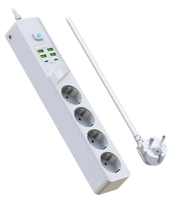 Produktbild von Steckdosenleiste mit 4 USB A und C - Überspannungsschutz und Schalter Weiß