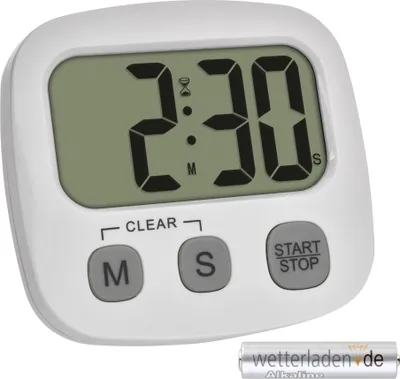 Produktbild von TFA-Dostmann 38.2057 Digitaler Kurzzeitmesser zum Sport/Kochen/Lernen, Stoppuhr und Uhrzeit, großes Display, Eieruhr, Küchen-Timer, Sport-Timer : weiß : mit Batterie