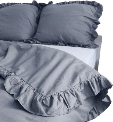 Immagine prodotto di Set di biancheria da letto in cotone 160x200 cm + 2 federe 70x80 cm con volant - Set da camera da letto con copripiumino grigio scuro