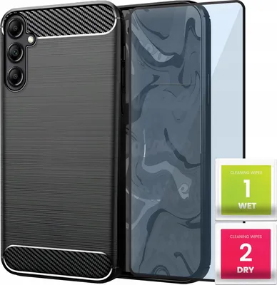 A black smartphone case and screen protector kit are displayed against a white background, with cleaning wipes included.