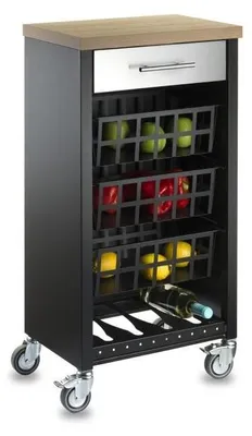 A black kitchen cart with a wooden top, a drawer, three baskets filled with fruits, and a wine bottle holder.