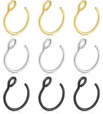 Image de Lot de 9 faux piercings nasaux en acier chirurgical, 20g, 8 mm, couleurs : noir, or, argent