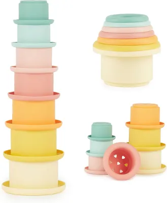 Obrázek produktu pro Silikonová stohovací hračka pro miminka – tropické motivy, stohovací věž od 1 roku – stohovací kelímek pro miminka, bez BPA – stohovací kelímek a věž, hračka pro dívky, stohovací kostky