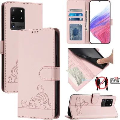 Produktbild von Leder Hülle für Samsung Galaxy S20 Ultra Süße Katze Flip Case Brieftasche Schutzhülle mit Standfunktion Pink