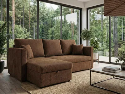Produktbild von Ecksofa PISA Nordelo 146×220×90 cm universell L/R, ausziehbar, Schlaffunktion 140×200, Bettkasten, Stoff Apollo Cord 06 BRAUN