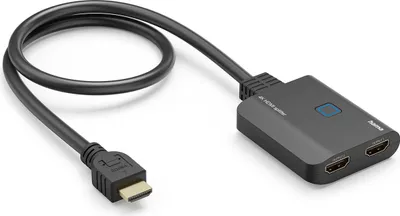 A black HDMI splitter with two HDMI output ports and one input port, shown on a white background.